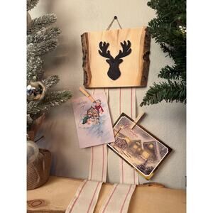 Holiday Card Holder Christmas Decor Reindeer Aspen Wood Topper with Ribbon